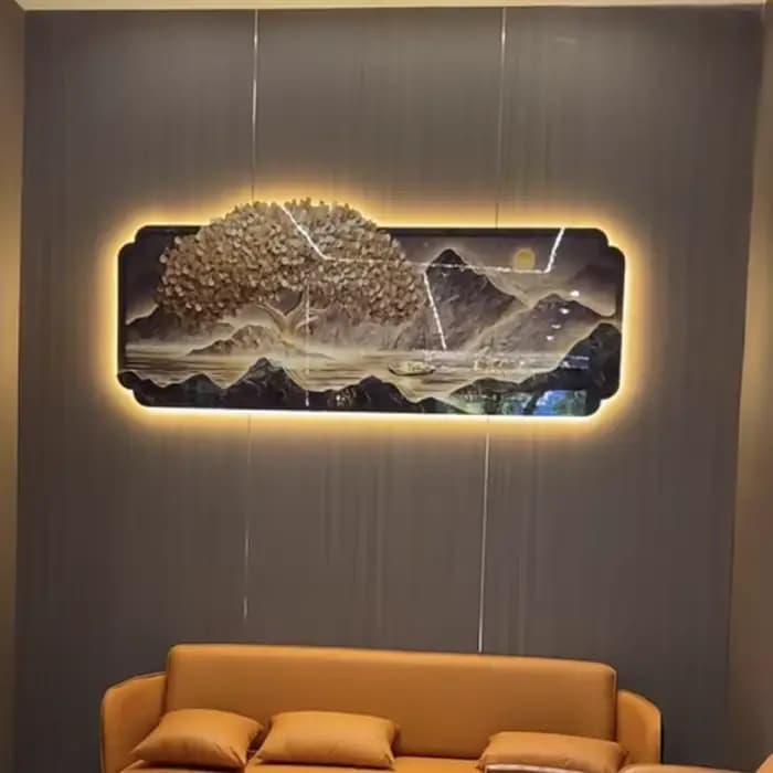2025 salon décoration peinture LED lumières richesse arbre canapé fond Mural haut de gamme