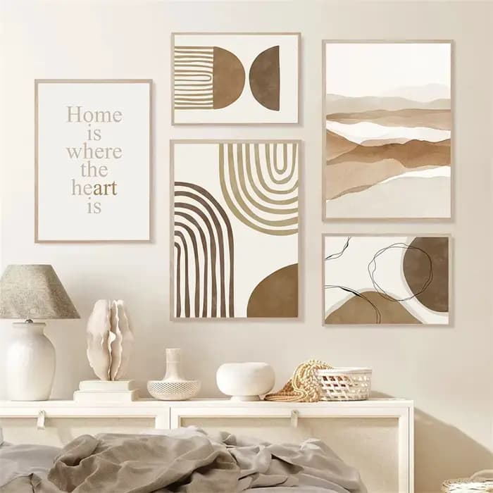 Affiche Murale Style Boho Abstraite Beige Marron, Peinture sur Toile, Impression Minimaliste, Image Bohème, Décoration Intérieure de Salon et de Maison