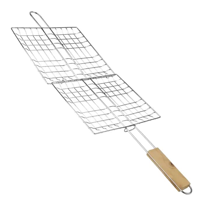 Tapis de barbecue pliable avec poignée en bois, panier de cuisson réutilisable en acier inoxydable, support de pince à viande et poisson