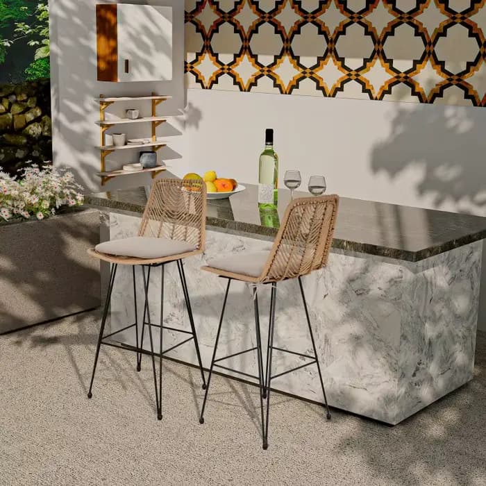 Tabouret de bar haut scandinave en rotin tressé, chaise de comptoir pour extérieur et intérieur, siège de loisirs pour balcon, réception, café, restaurant, mobilier