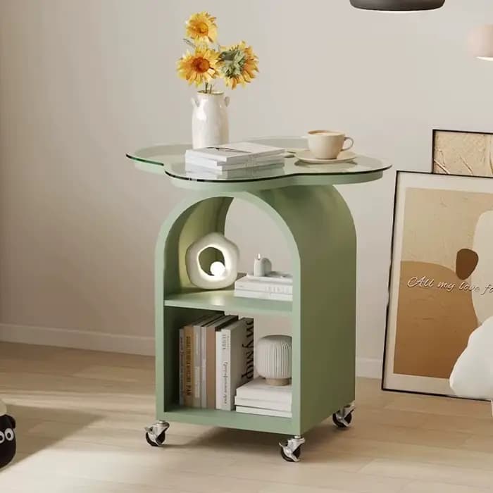 Table d'appoint en verre et bois avec rangement