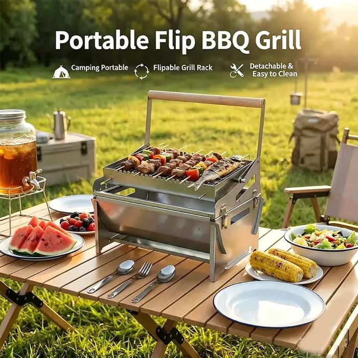 Portable 360 ° Barbecue pliable rotatif au charbon de bois en acier inoxydable avec grille amovible pour le camping