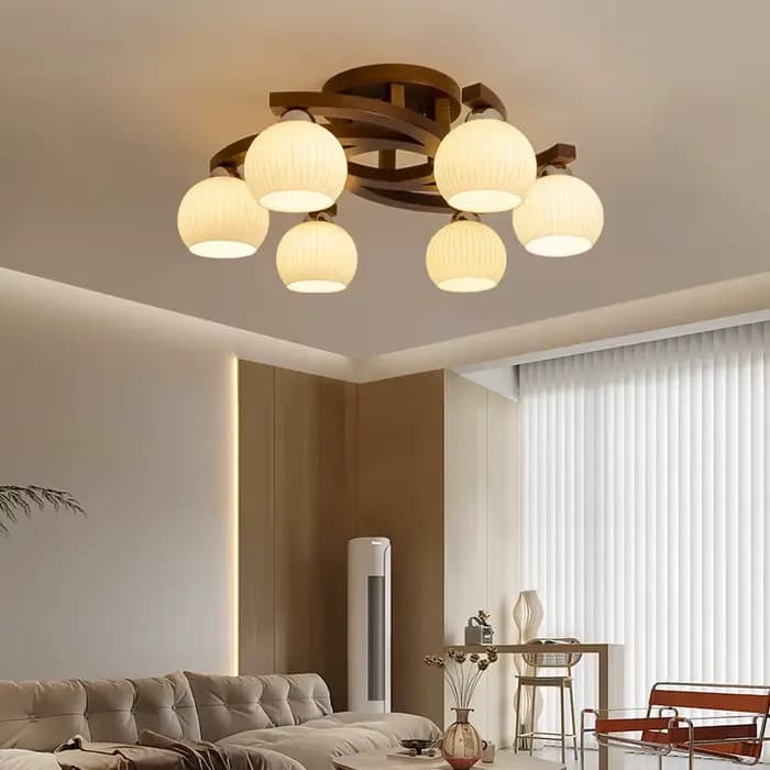 Lampe de plafond vintage en bois de noyer, lampe à boule de verre blanc laiteux, style Wabi-sabi, pour salon, chambre à coucher, salle à manger, bureau, hôtel