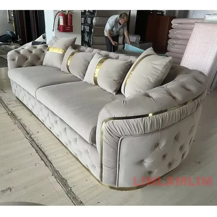 Ensemble de canapé sectionnel Chesterfield de luxe avec boutons en tissu