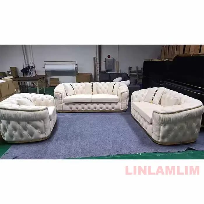 Ensemble de canapés modulaires Chesterfield MANBAS 3+2+2 places avec boutons en tissu et base en acier inoxydable doré