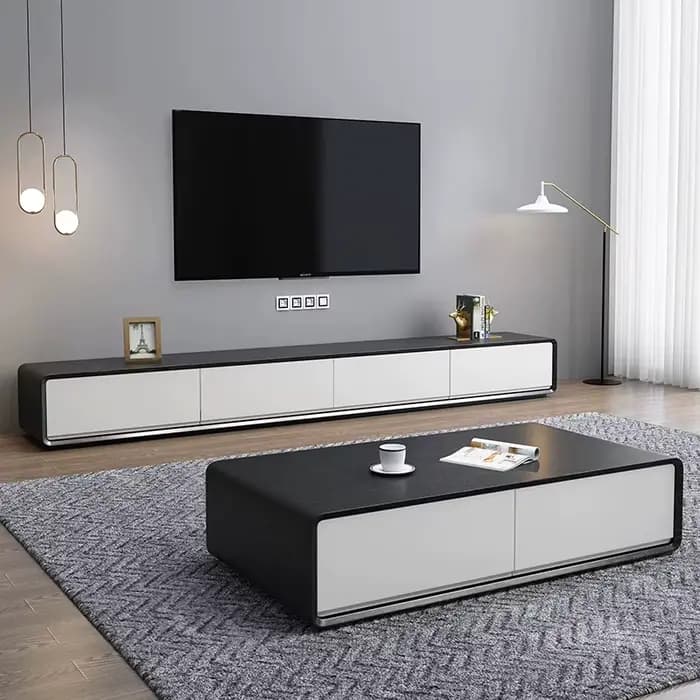 Table basse et meuble TV avec armoires de rangement, ensemble de meubles de salon blancs modernes, ensemble de centre de divertissement contemporain