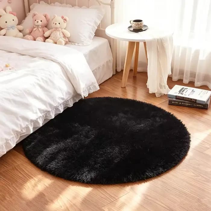 Tapis rond noir avec longue peluche, tapis soyeux moderne, couvertures super douces pour salon, tapis Shaggy de chambre à coucher