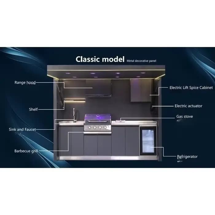 Abri de cuisine extérieur en aluminium en forme de L personnalisé avec comptoir de bar sur le toit
