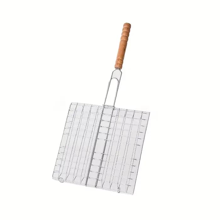 Barbecue grillé réutilisable viande poisson pince support manche en bois métal gril maille pliable