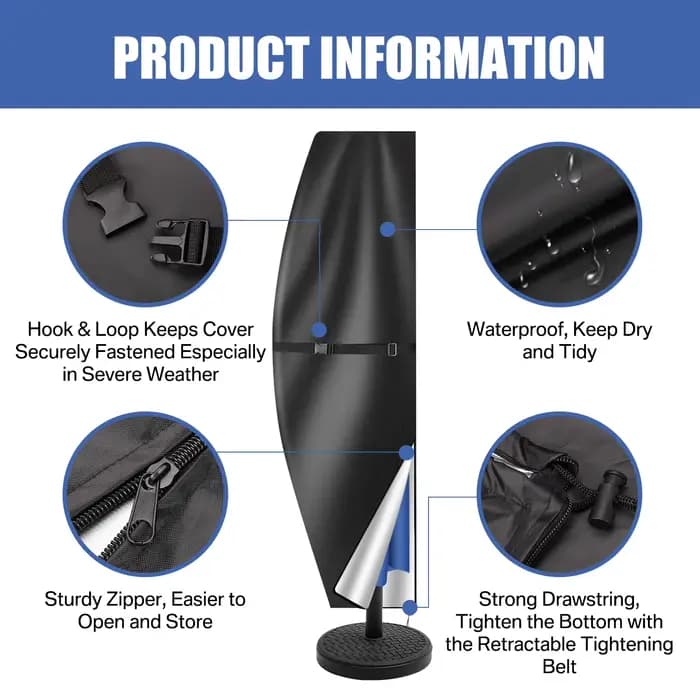 Housse de parasol de patio en tissu Oxford imperméable avec fermeture éclair et support