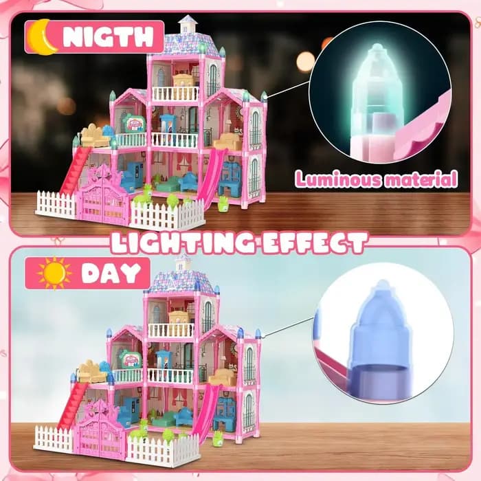 Maison de poupée lumineuse, maison de rêve pour filles, ensemble de maison de jeu de princesse avec accessoires de meubles de poupées, cadeaux d'anniversaire de jeu de simulation