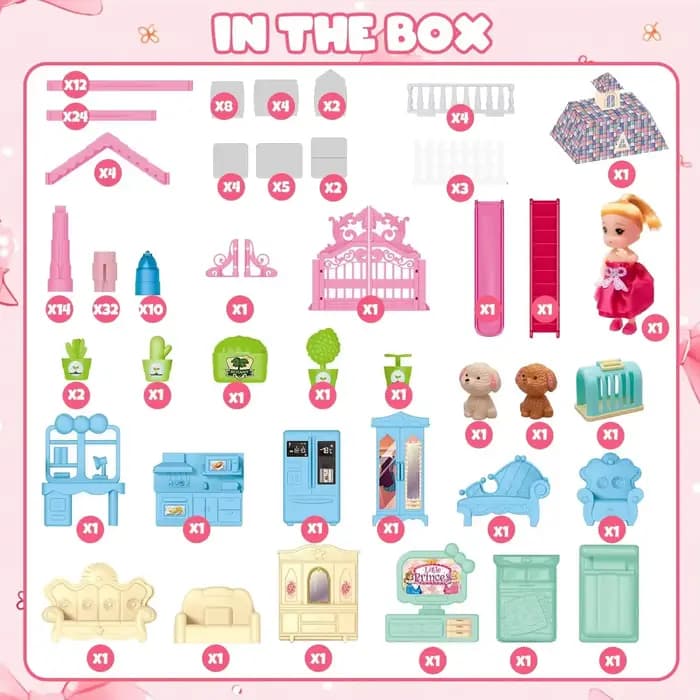 Maison de poupée lumineuse, maison de rêve pour filles, ensemble de maison de jeu de princesse avec accessoires de meubles de poupées, cadeaux d'anniversaire de jeu de simulation