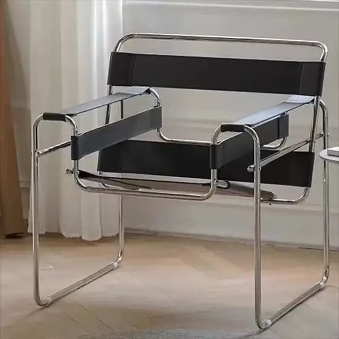 Fauteuil à bascule Bauhaus en acier tubulaire et cuir