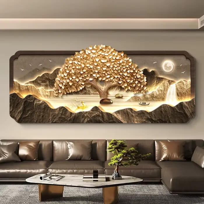 2025 salon décoration peinture LED lumières richesse arbre canapé fond Mural haut de gamme