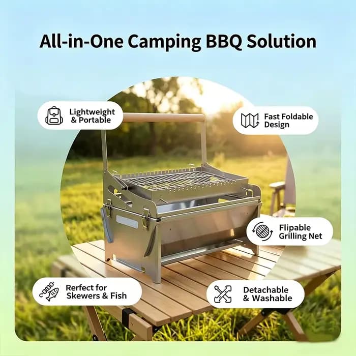 Portable 360 ° Barbecue pliable rotatif au charbon de bois en acier inoxydable avec grille amovible pour le camping