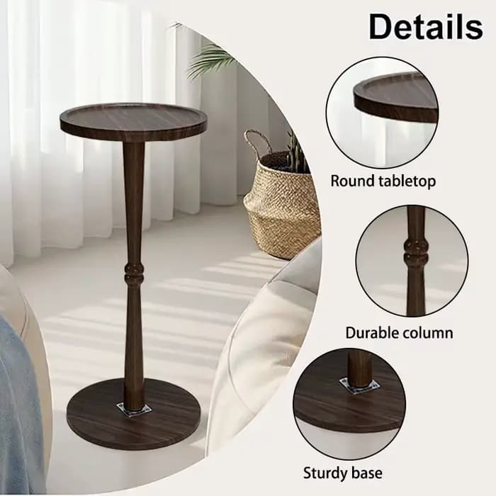 Petite table d'appoint pour salon, table ronde à coins arrondis marron pour petits espaces, table basse avec piétement décoratif pour salon