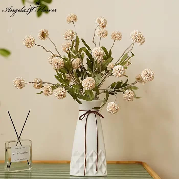 Bouquet de 5 têtes de pissenlits, petites boules de pompons en soie, arrangement floral de mariage, décoration de table à domicile, accessoire photo A6117
