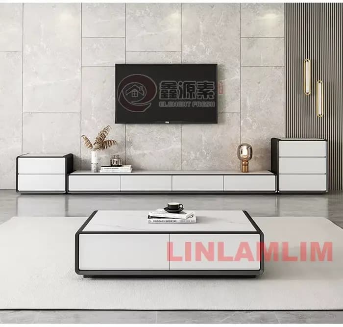 Ensemble de meubles de salon blancs modernes, table basse et meuble TV avec armoires de rangement, ensemble de centre de divertissement contemporain