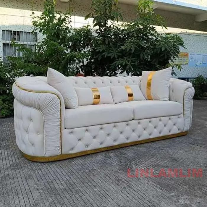 Ensemble de canapés modulaires Chesterfield MANBAS 3+2+2 places avec boutons en tissu et base en acier inoxydable doré