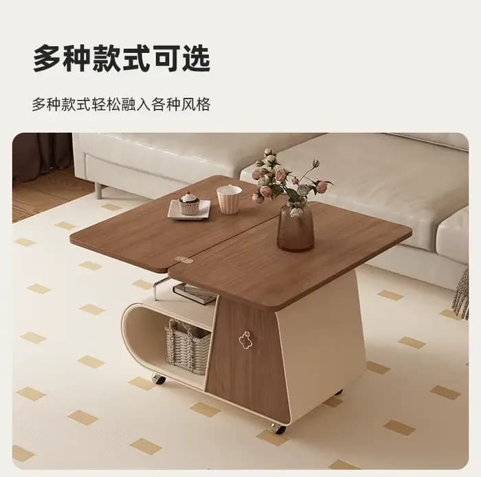 Tables basses de rangement en bois avec plateau relevable sur roulettes