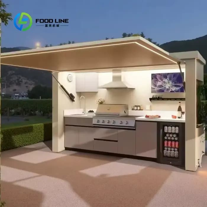 Îlot de cuisine extérieur personnalisé avec comptoir en granit et armoires en acier inoxydable pour terrasse et divertissement en plein air
