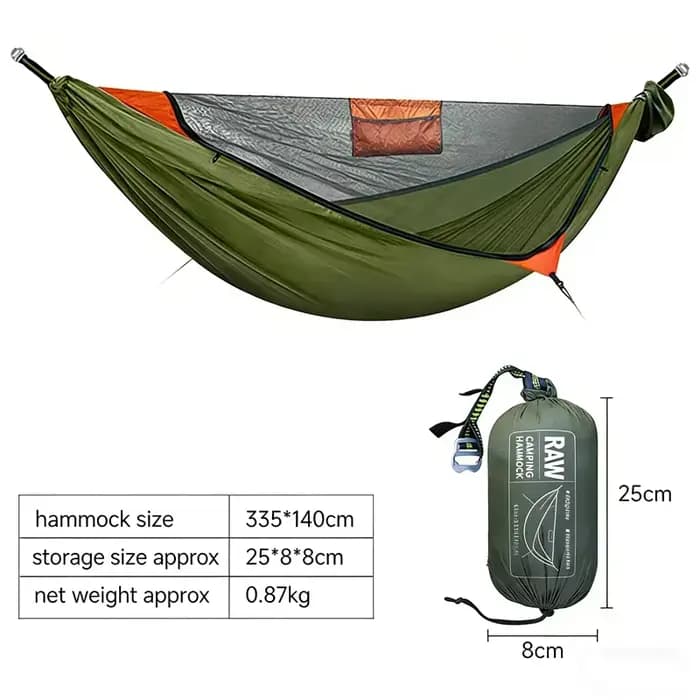 TRAVELER Hamac Bushcraft avec Moustiquaire Déploiement Rapide Camping en Plein Air Ridgeline Intégré Anti-Roulis Survie en Milieu Sauvage