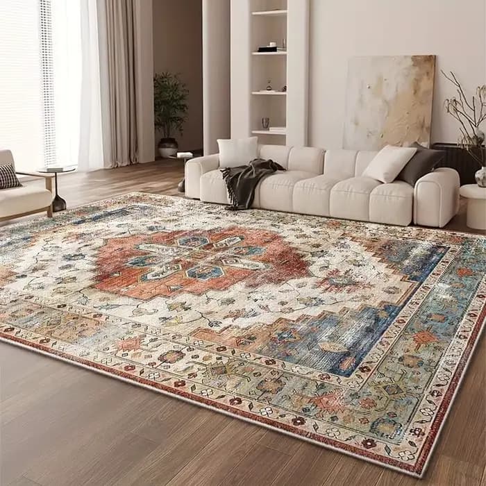 VIKAMA Tapis bohème vintage, grand tapis de salon, tapis de canapé rétro, tapis antidérapant pour chambre à coucher, salle à manger, facile d'entretien, décoration de la maison