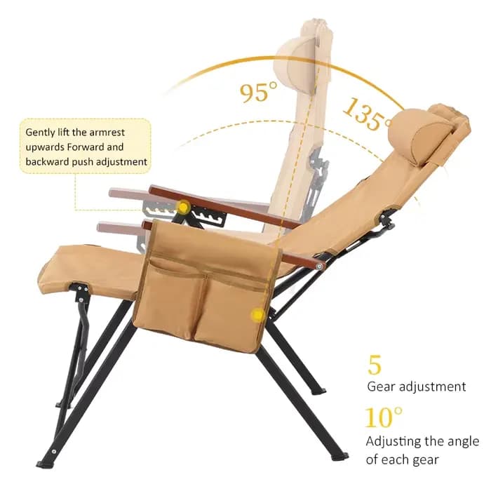 Chaise pliante réglable à 5 positions avec oreiller et accoudoirs – Parfaite pour le camping en plein air