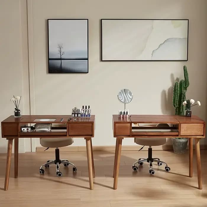 Table de manucure avec plateau en bois, bureau de salon de manucure avec collecteur de poussière, mobilier de salon de beauté commercial moderne, luxueux et durable