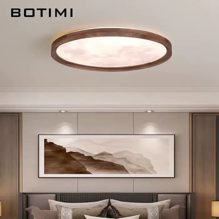 Plafonniers en bois de noyer avec télécommande pour salon, lampe de chambre à coucher moderne en bois massif à intensité variable, luminaire rond à montage en surface