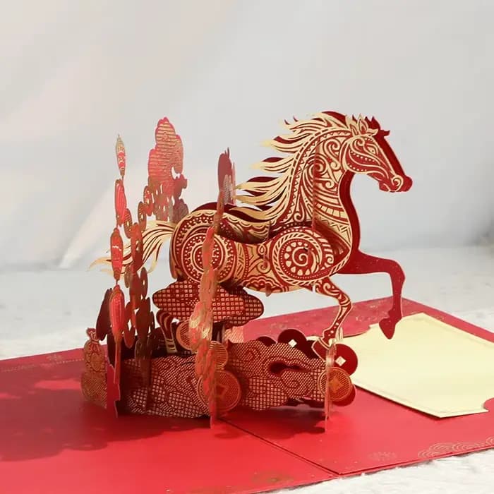 Carte de rebond 3D du nouvel an lunaire 2026 ans du cheval, carte de vœux cheval doré avec papier mémo et enveloppe