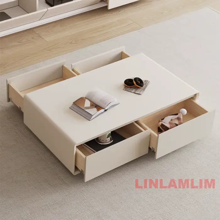 Table basse et meuble TV avec armoires de rangement, ensemble de meubles de salon blancs modernes, ensemble de centre de divertissement contemporain