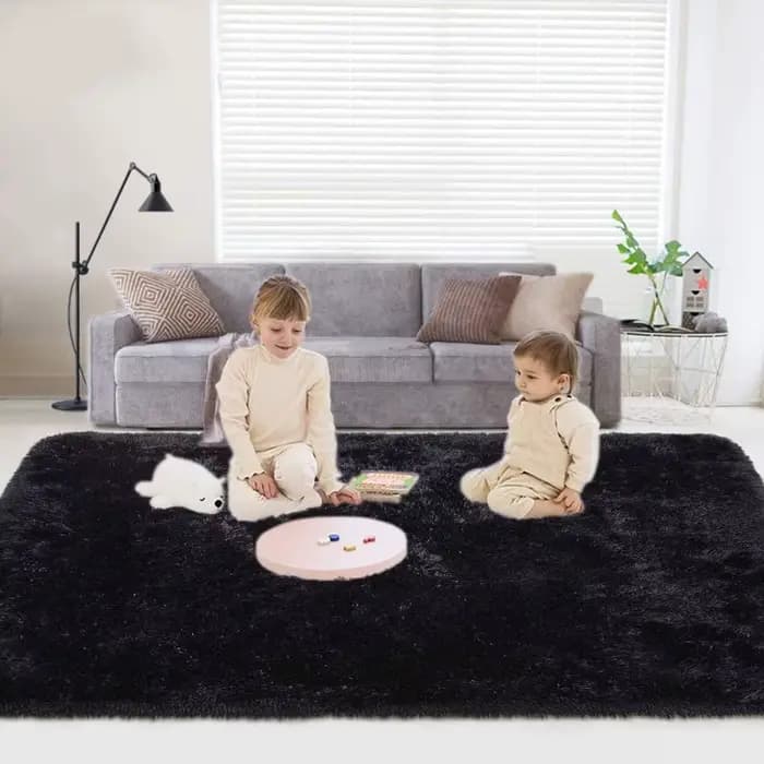 Tapis moelleux Shag Lea noir pour chambre d'enfant, tapis moelleux, tapis de salon, décor à la maison, polymères de sol