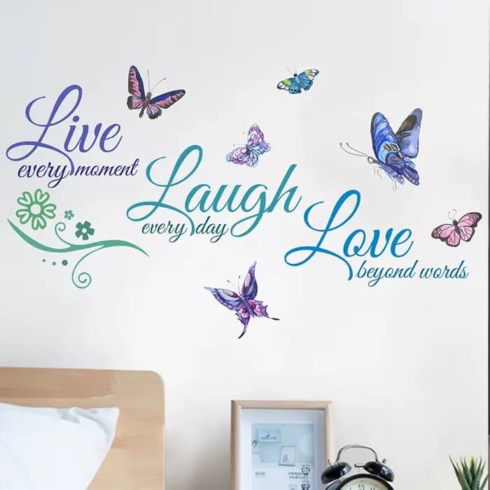 Autocollant mural avec slogan anglais, sticker auto-adhésif pour chambre à coucher, salon, HOButterfly, Live Laugh Love