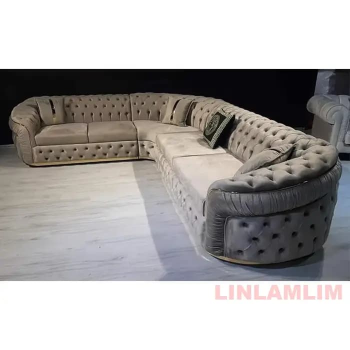 Ensemble de canapé sectionnel Chesterfield de luxe avec boutons en tissu