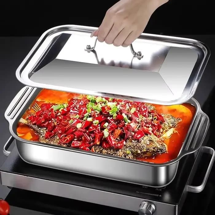 Plateau rectangulaire en acier inoxydable 304 avec couvercle pour poisson grillé et écrevisses