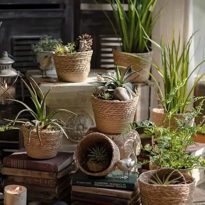 1 pièces pour Terraces de jardin Pot de fleur panier rotin paille meubles décoration herbe tissé Pot de fleurs