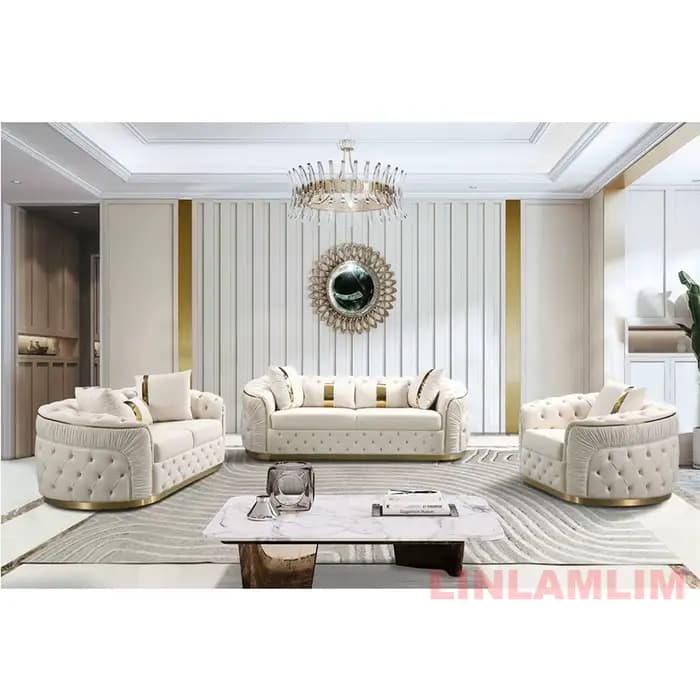 Ensemble de canapés modulaires Chesterfield MANBAS 3+2+2 places avec boutons en tissu et base en acier inoxydable doré