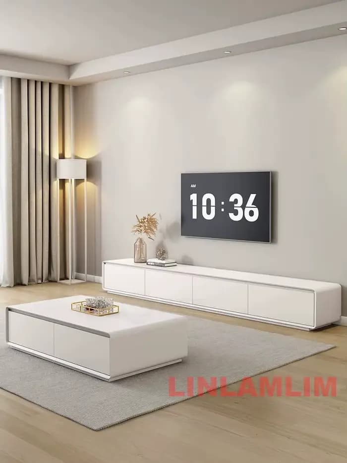 Ensemble de meubles de salon blancs modernes, table basse et meuble TV avec armoires de rangement, ensemble de centre de divertissement contemporain