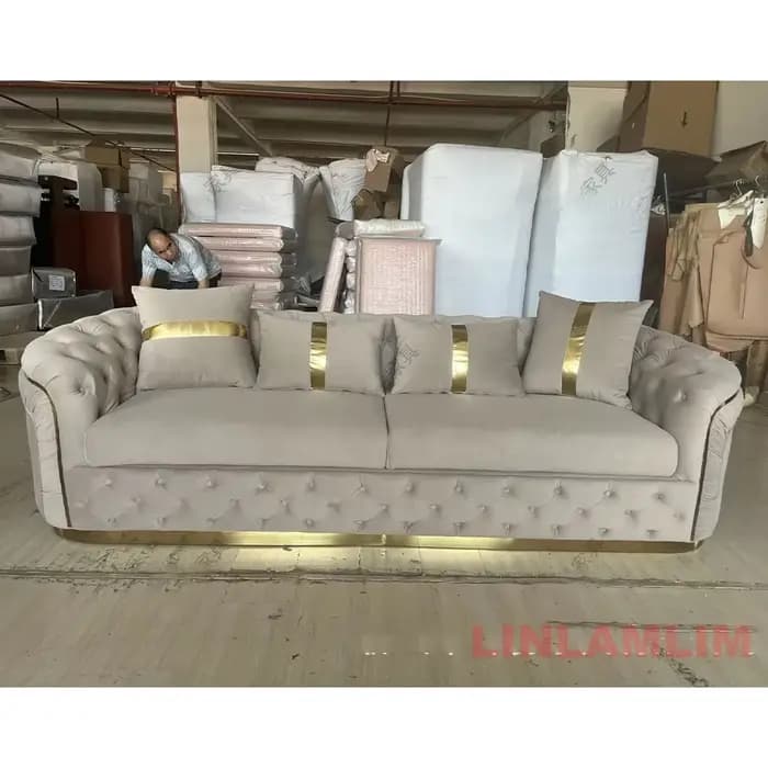 Ensemble de canapé sectionnel Chesterfield de luxe avec boutons en tissu