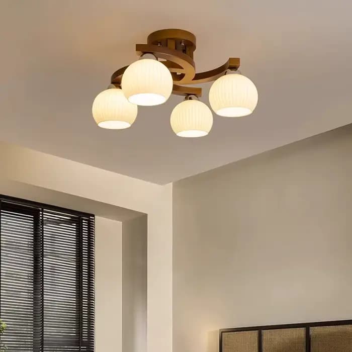 Lampe de plafond vintage en bois de noyer, lampe à boule de verre blanc laiteux, style Wabi-sabi, pour salon, chambre à coucher, salle à manger, bureau, hôtel
