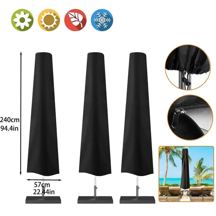 Housse de parasol de patio noire imperméable, résistante au vent et aux UV, avec fermeture éclair pour la protection des parasols de jardin en extérieur