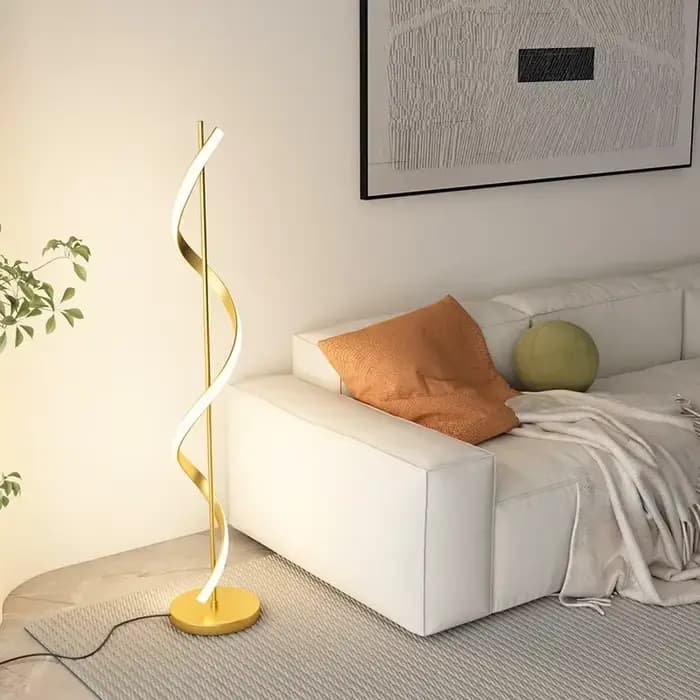 Lampe décorative en spirale côté canapé, lumière moderne, style luxueux, ligne créative, salon minimaliste, escales pour la maison, nouveau