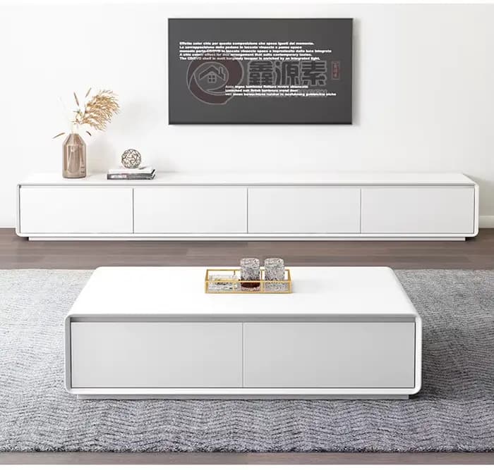 Ensemble de meubles de salon blancs modernes, table basse et meuble TV avec armoires de rangement, ensemble de centre de divertissement contemporain