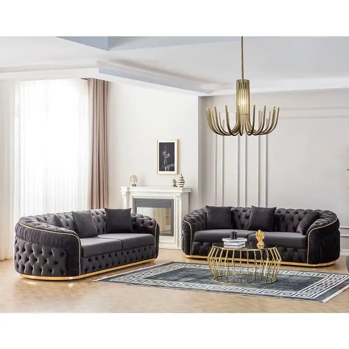 Ensemble de canapé sectionnel Chesterfield de luxe avec boutons en tissu