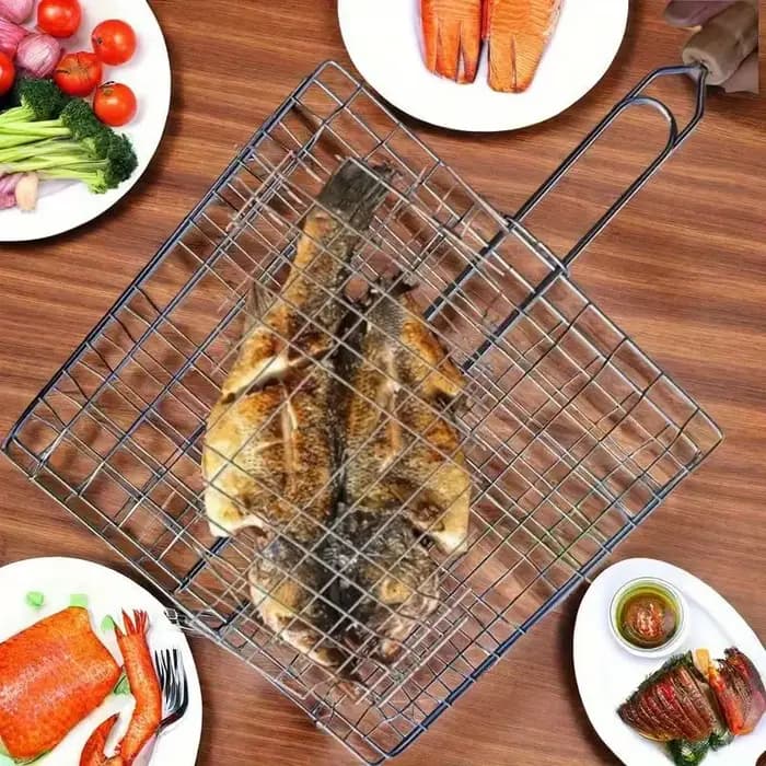 Barbecue grillé réutilisable viande poisson pince support manche en bois métal gril maille pliable