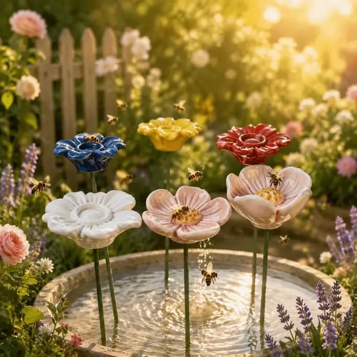 Abreuvoir de jardin en résine en forme de fleur