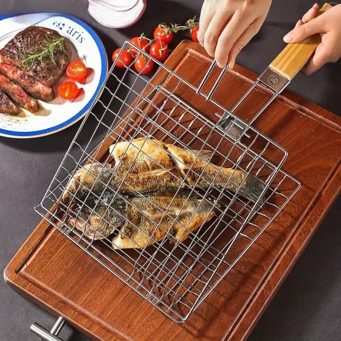 Barbecue grillé réutilisable viande poisson pince support manche en bois métal gril maille pliable