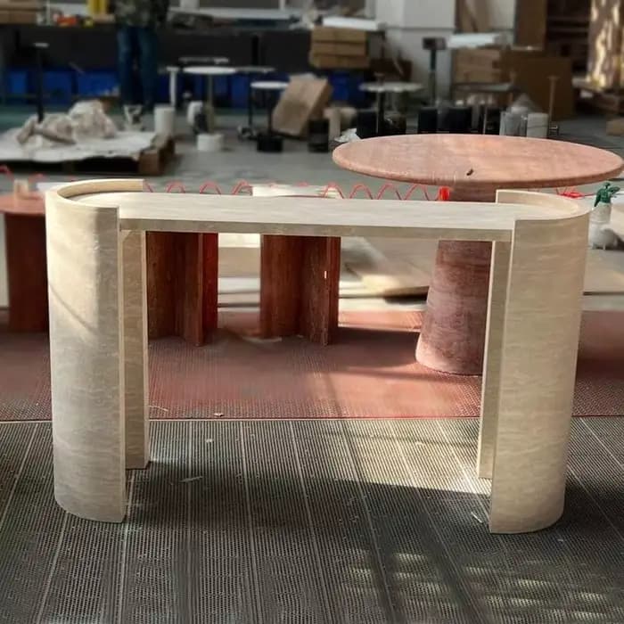 Table d'entrée en travertin beige clair, meuble de salon en pierre naturelle