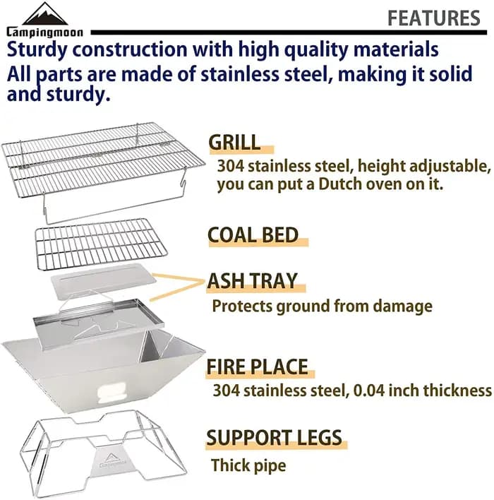 CAMPINGMOON MT-3 Grand four de barbecue portable pliable en acier inoxydable